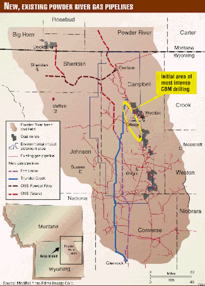 Pipelines, 44 rigs facilitate Powder River basin coal gas play Oil