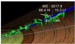 Erratic green spikes in this image show either an inability to set and control the toolface from the start of the slide or difficulty maintaining a proper toolface orientation once slide is underway (Fig. 2). Erratic green spikes in this image show either an inability to set and control the toolface from the start of the slide or difficulty maintaining a proper toolface orientation once slide is underway (Fig. 2).