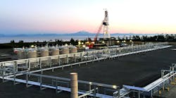 BlueCrest Energy’s drilling and production complex on Alaska’s Southern Kenai Peninsula features an onshore extended reach rig, BlueCrest 1, that drills oil wells in Cosmopolitan field. Oil storage tanks also are shown (Fig 2). BlueCrest Energy’s drilling and production complex on Alaska’s Southern Kenai Peninsula features an onshore extended reach rig, BlueCrest 1, that drills oil wells in Cosmopolitan field. Oil storage tanks also are shown (Fig 2).