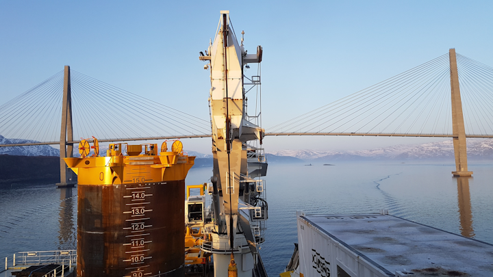 Suction anchor and template from Aker Solutions in Sandnessjoen passing Helgelandsbroen.