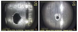 Camera images show downhole perforations. Perforation at left, 60° from top of well, shows significant erosion. Perforation at right, near 0°, shows almost no erosion. Camera images show downhole perforations. Perforation at left, 60° from top of well, shows significant erosion. Perforation at right, near 0°, shows almost no erosion.