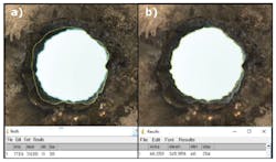 Perforations in steel test plates. Image at left is from off-axis camera showing parallax. The yellow line indicates assumed perforation perimeter. Image at right is for an aligned camera. Perforations in steel test plates. Image at left is from off-axis camera showing parallax. The yellow line indicates assumed perforation perimeter. Image at right is for an aligned camera.