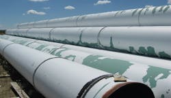 Some examples of whitewashed acrylic coating over FBE-coated pipe at Shaunavon, Sask., suffered damage and spalling (Fig. 2). Some examples of whitewashed acrylic coating over FBE-coated pipe at Shaunavon, Sask., suffered damage and spalling (Fig. 2).