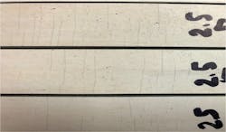 Bend samples show cracking of whitewash coating at 2.5° of bend (Fig. 7). Bend samples show cracking of whitewash coating at 2.5° of bend (Fig. 7).
