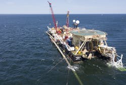 Saipem SPA’s trench-pipelay barge Castoro 10 performs above-water tie-in of two previously laid Nord Stream 2 pipe strings (Fig. 3). Saipem SPA’s trench-pipelay barge Castoro 10 performs above-water tie-in of two previously laid Nord Stream 2 pipe strings (Fig. 3).