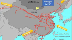 Map of current gas pipeline and LNG supplies to China.