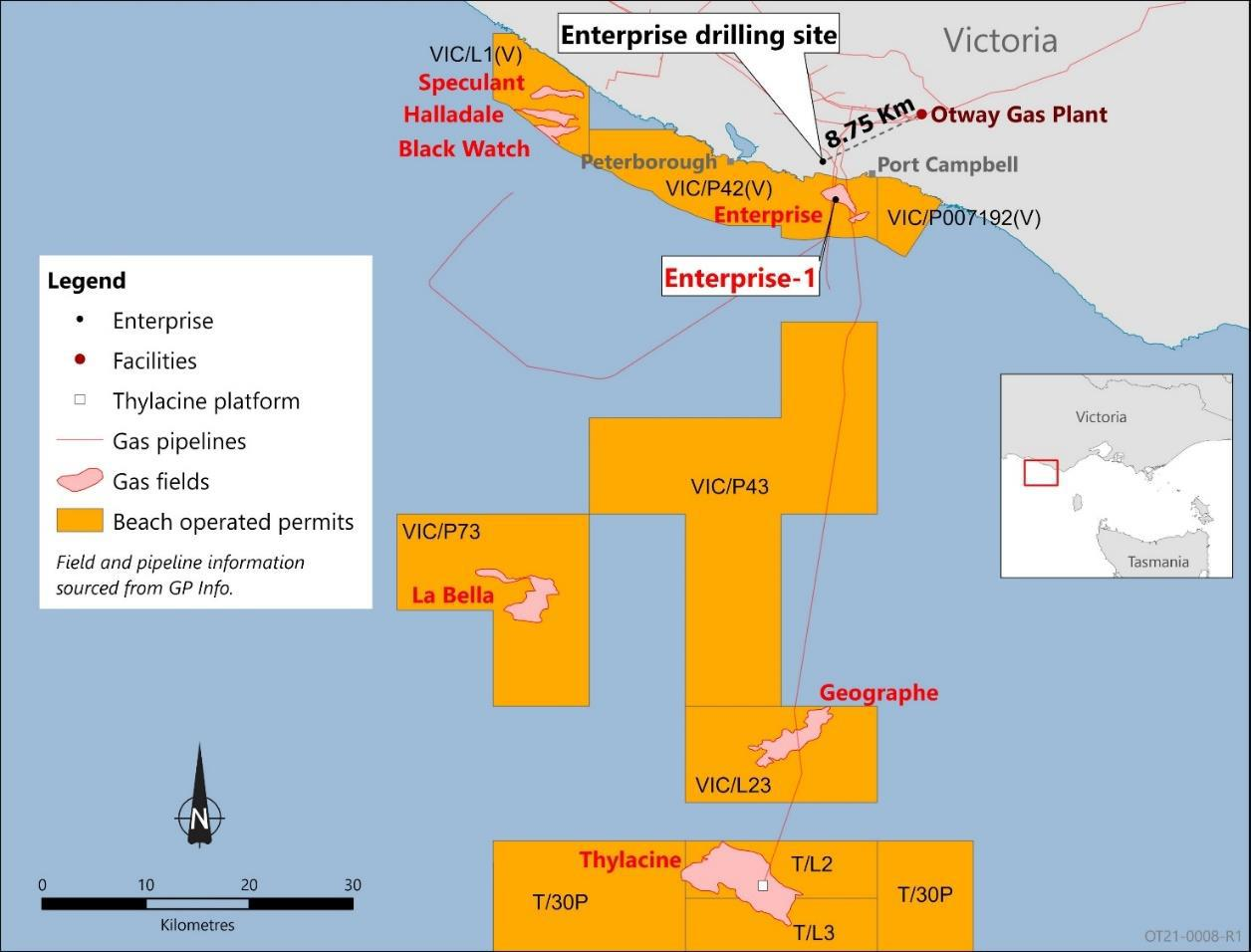 Beach Energy Ltd.'s Enterprise-1 discovery in inshore waters of the Otway basin of western Victoria.