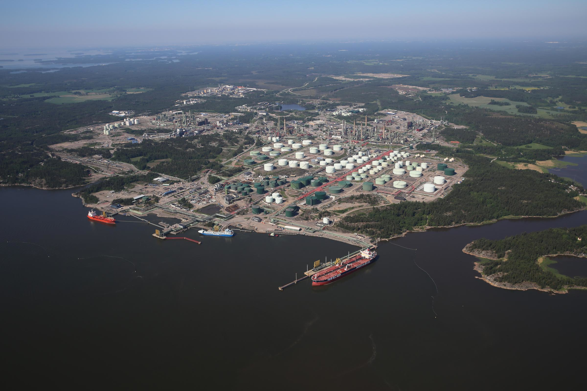 Neste Corp.'s Porvoo refinery and harbor view from the sea.