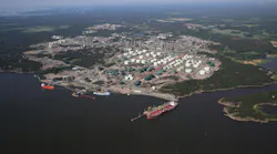 Neste Corp.'s Porvoo refinery and harbor view from the sea.