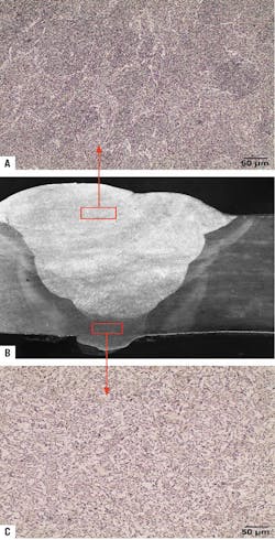 Metallography of various regions in the STT+FCAW-G weld shows a) fill pass microstructure, b) weld macrograph, and c) root electrode microstructure (Fig. 8) Metallography of various regions in the STT+FCAW-G weld shows a) fill pass microstructure, b) weld macrograph, and c) root electrode microstructure (Fig. 8)
