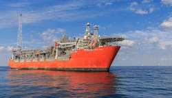 Anchored in 350-450 m of water about 210 km off Sandnessjoen, Norway, Skarv FPSO features a 15-leg mooring system equipped to produce 85,000 b/d of light, low-sulfur crude oil and 22 million cu m/day rich gas from 18 operating production and injection wells in Skarv and Ærfugl fields drilled through five subsea templates in the Norwegian Sea. Anchored in 350-450 m of water about 210 km off Sandnessjoen, Norway, Skarv FPSO features a 15-leg mooring system equipped to produce 85,000 b/d of light, low-sulfur crude oil and 22 million cu m/day rich gas from 18 operating production and injection wells in Skarv and Ærfugl fields drilled through five subsea templates in the Norwegian Sea.