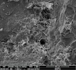 A photomicrograph from an ultradeep tight sandstone gas reservoir rock shows pore throat structures with dense vertical fibers of illite between the rock grains and microfractures (Fig. 2). A photomicrograph from an ultradeep tight sandstone gas reservoir rock shows pore throat structures with dense vertical fibers of illite between the rock grains and microfractures (Fig. 2).