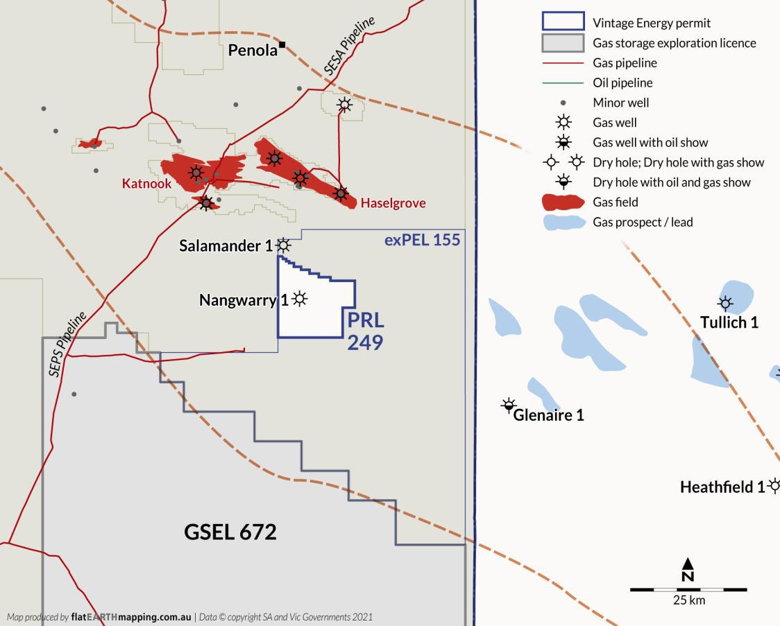 Vintage Energy has flowed carbon dioxide at commercial rates in a production test of its Nangwarry-1 wildcat in former permit PEL 155 in the Otway basin of southeast South Australia.
