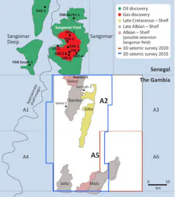 Prospect map showing Block A2 and A5 in relation to Sangomar field, Senegal, along with proposed Bambo1 well location shown above at the northern boundary of Block A2.