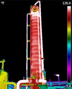 INEOS uses IR scans to observe liquid flows through the single-pass trays and downcomers of a gas plant’s tower. INEOS uses IR scans to observe liquid flows through the single-pass trays and downcomers of a gas plant’s tower.