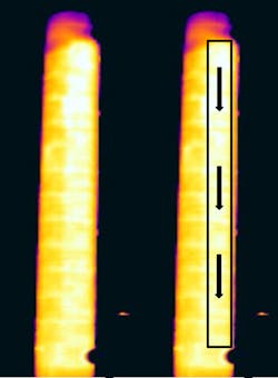 INEOS used the IR scan to identify channeling on the right side of the tower. INEOS used the IR scan to identify channeling on the right side of the tower.