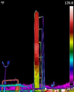 The IR scan of the column’s tower signaled potential damage to trays. The IR scan of the column’s tower signaled potential damage to trays.