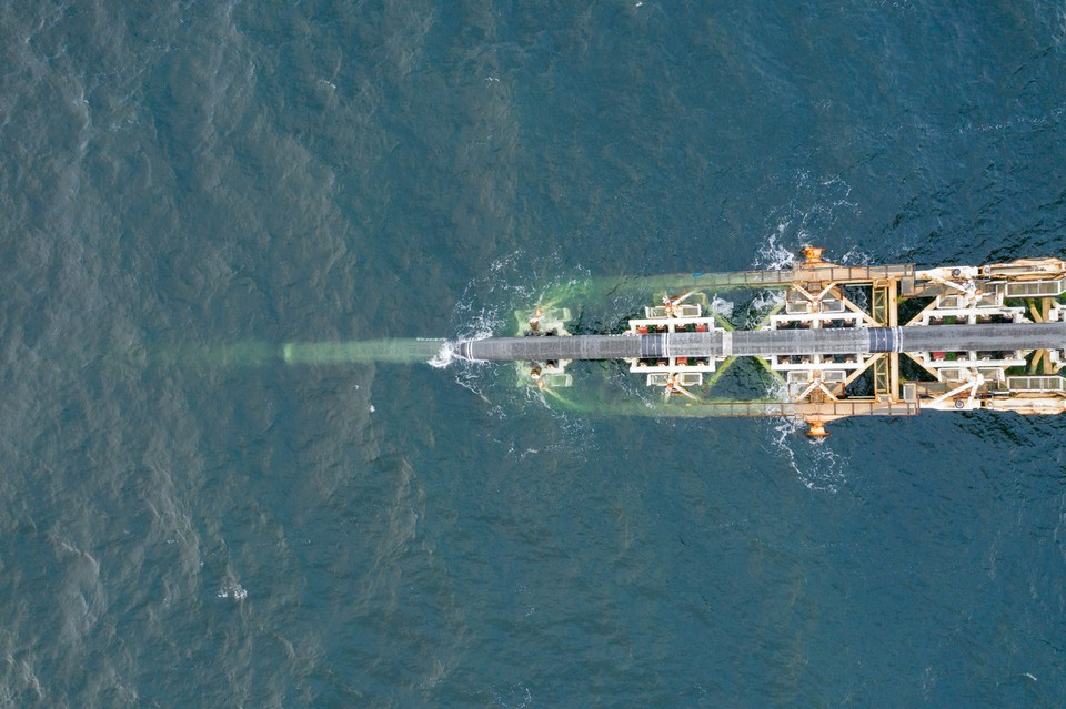The pipeline can be seen from above as it is lowered from pipelay vessel Audacia's stinger and installed on the Baltic seafloor in German waters.