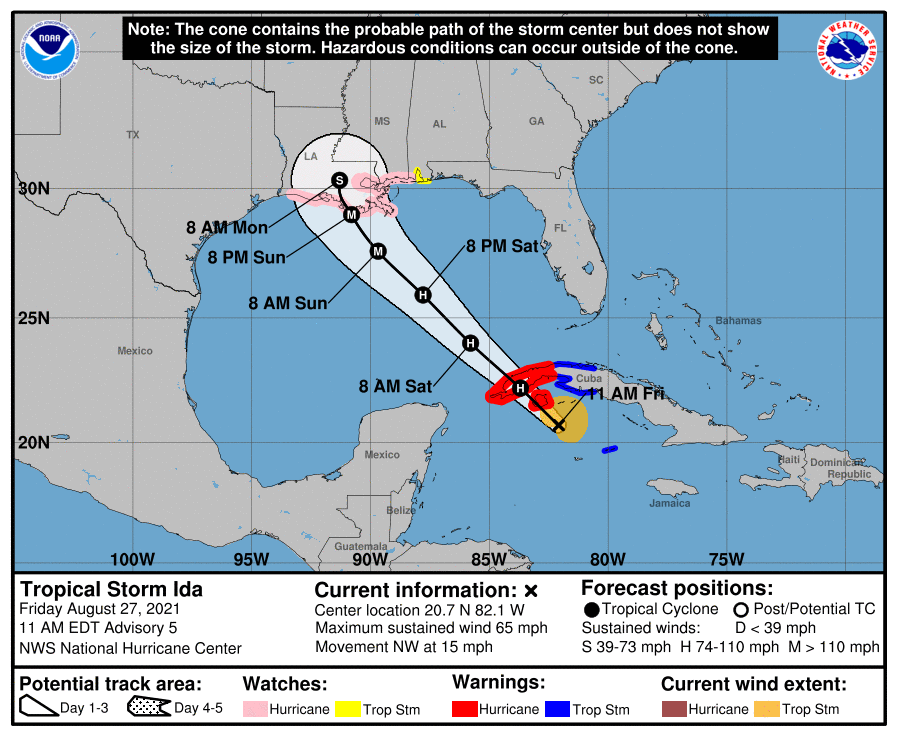 Potential track area of Tropical Storm Ida prior to its strengthening to hurricane status.