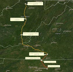 The largely complete 2-bcfd Mountain Valley Pipeline (yellow) is the largest single natural gas transportation project under development in Appalachian basin. Its Southgate Extension (orange), not yet under construction, would move gas another 75 miles into North Carolina. This illustration used GIS data processed by OGJ sister-company MapSearch to plot the routes of the two lines. Southgate’s route shows the data points of its approved right-of-way. MVP is set for third-quarter 2022 in-service and Southgate second-quarter 2023. The largely complete 2-bcfd Mountain Valley Pipeline (yellow) is the largest single natural gas transportation project under development in Appalachian basin. Its Southgate Extension (orange), not yet under construction, would move gas another 75 miles into North Carolina. This illustration used GIS data processed by OGJ sister-company MapSearch to plot the routes of the two lines. Southgate’s route shows the data points of its approved right-of-way. MVP is set for third-quarter 2022 in-service and Southgate second-quarter 2023.
