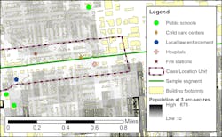 An example analysis of a sample pipeline segment quantifies building footprints, critical infrastructure, and nighttime population within its location class (Fig. 1). An example analysis of a sample pipeline segment quantifies building footprints, critical infrastructure, and nighttime population within its location class (Fig. 1).