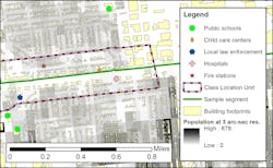 An example analysis of a sample pipeline segment quantifies building footprints, critical infrastructure, and nighttime population within its location class (Fig. 1).