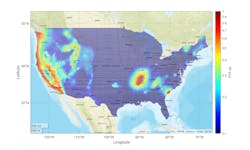 PGA shown correspond to a 2% probability of exceedance in 50 years within CONUS from the 2018 NSHM at a reference soil condition of Vs30 = 760 m/sec (Fig. 2). PGA shown correspond to a 2% probability of exceedance in 50 years within CONUS from the 2018 NSHM at a reference soil condition of Vs30 = 760 m/sec (Fig. 2).