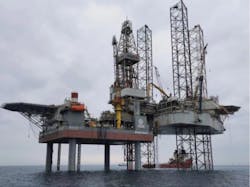 COSL’s Strike rig positioned over the self-elevating WZ12-8E wellhead platform. COSL’s Strike rig positioned over the self-elevating WZ12-8E wellhead platform.