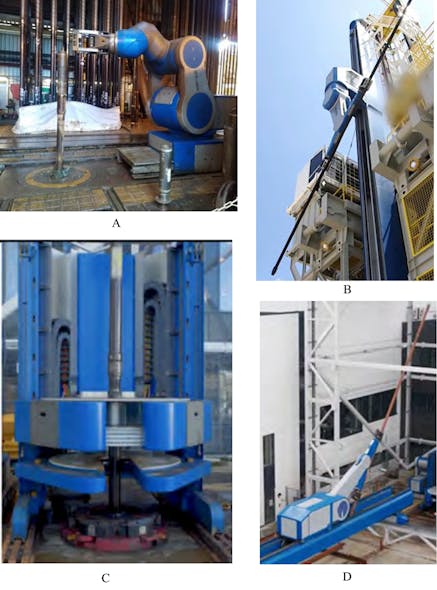 TotalEnergies, Canrig Robotic Technologies, and Nabors Industries teamed up to develop all-electric robots for pipe handling on the rig. The robots include a pipe sub handler (A), pipe handler (B), electric roughneck (C), and pipe deck handler (D) (Fig. 2).