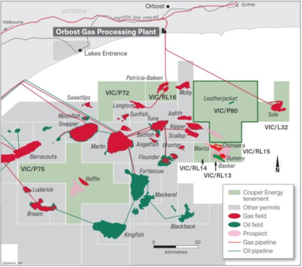 Location of Vic P80 in relation to Bass Strait producing fields.