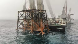 Pioneering Spirit removes CNR International&rsquo;s Ninian Northern jacket from the North Sea in April 2022.