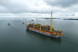 The Liza Unity FPSO in 2021 departing for Guyana. The vessel is one of at least six with a production capacity of more than 1 million b/d of oil (gross) expected to be online on Stabroek block in 2027.