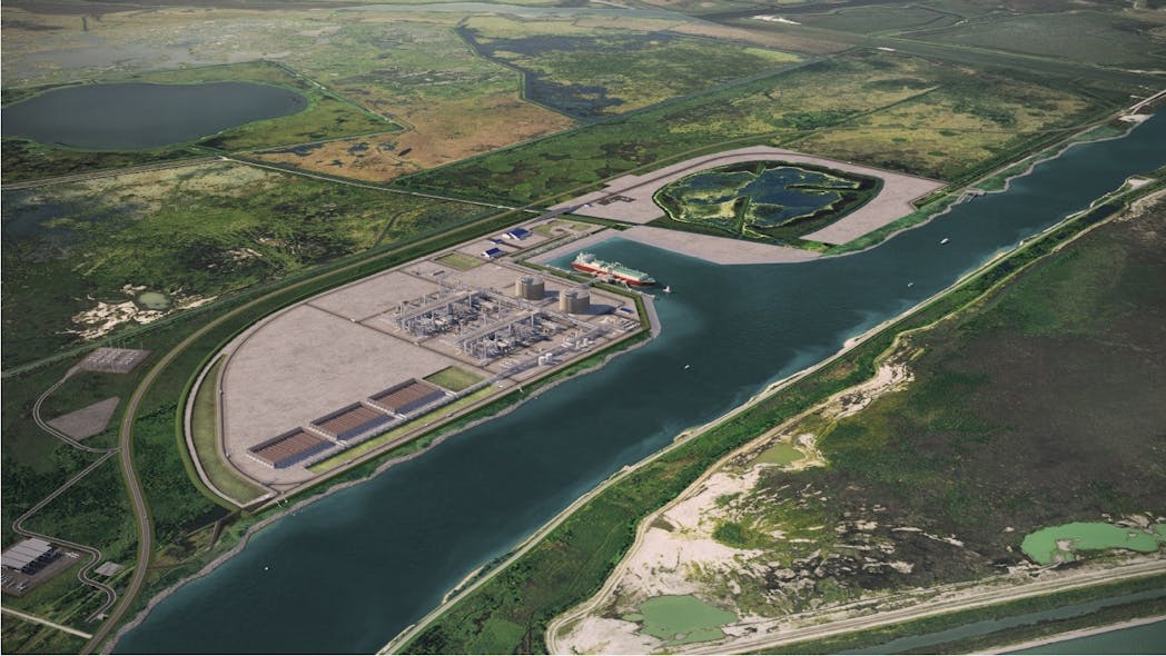 Rendering of Phase I of Sempra Infrastructure&rsquo;s proposed Port Arthur LNG project under development in Jefferson County, Tex.