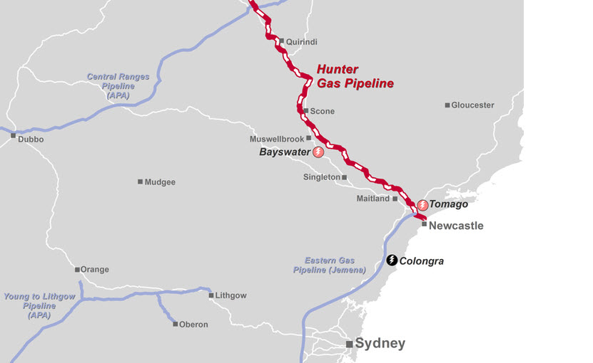 Proposed Hunter Gas Pipeline route in Australia (red).