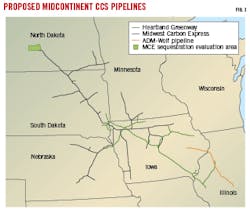 Map of proposed midcontinent CCS pipelines.