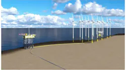 Illustration of N05-A platform and connection to Riffgat wind park onshore Germany.