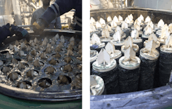 Visual inspection of rich MEG filters revealed signs of solids fouling, including drilling-mud residue (Fig. 3). Visual inspection of rich MEG filters revealed signs of solids fouling, including drilling-mud residue (Fig. 3).