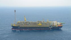 Anchored 200 km offshore Rio de Janeiro in water depth of 1,980 m, the P-77 floating production, storage, and offloading vessel (FPSO) processes up to 150,000 b/d of oil and 6 million cu m/day of gas from Búzios field in Brazil’s deepwater Santos basin presalt area. Anchored 200 km offshore Rio de Janeiro in water depth of 1,980 m, the P-77 floating production, storage, and offloading vessel (FPSO) processes up to 150,000 b/d of oil and 6 million cu m/day of gas from Búzios field in Brazil’s deepwater Santos basin presalt area.