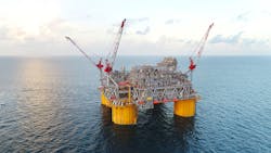 Shell-operated Appomattox platform, 80 miles offshore Louisiana at 7,400 ft water depth.