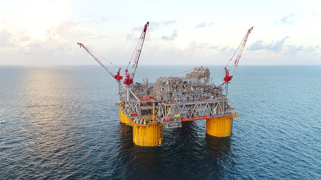 Shell-operated Appomattox platform, 80 miles offshore Louisiana at 7,400 ft water depth.