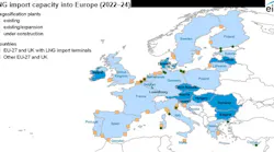 LNG import capacity into Europe (2022-24).