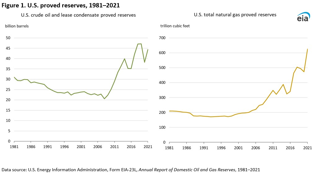 US proved reserves, 1981-2021.