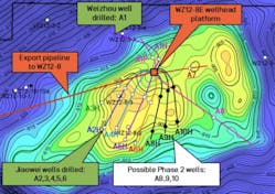 WZ12-8E field (Top Jiaowei) map and wells.