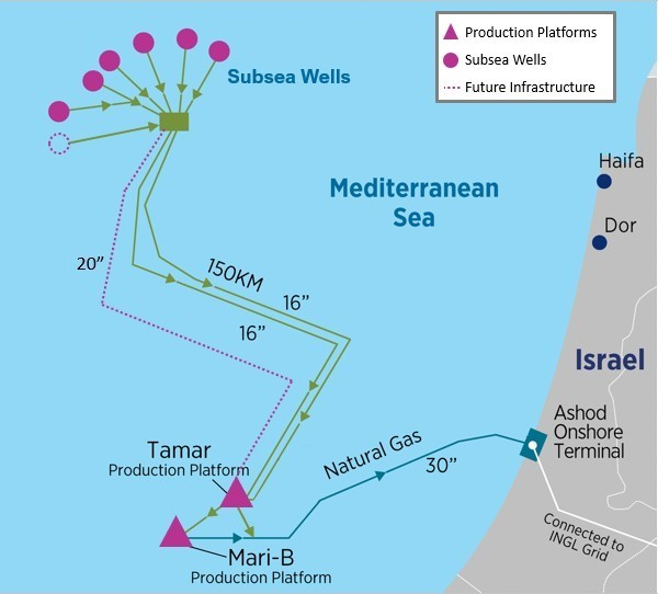 Tamar gas field operations map.