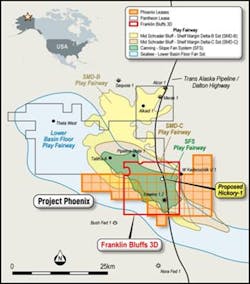 Project Phoenix lease area, including mapped play fairways, Franklin Bluffs 3D area and planned Hickory-1 well location. Project Phoenix lease area, including mapped play fairways, Franklin Bluffs 3D area and planned Hickory-1 well location.