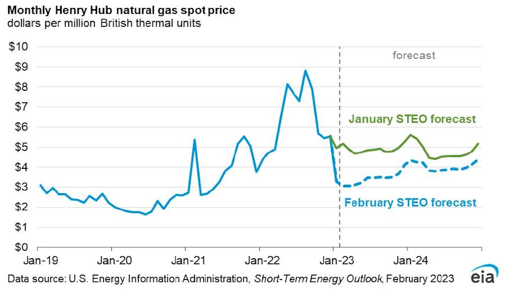 Monthly Henty Hub natural gas spot price.