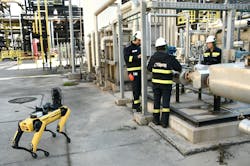 Spot is equipped with camera technology allowing it to collect color visuals and read analog gauges measuring pressure, flow, and temperature throughout the plant from afar (Fig. 3). Spot is equipped with camera technology allowing it to collect color visuals and read analog gauges measuring pressure, flow, and temperature throughout the plant from afar (Fig. 3).