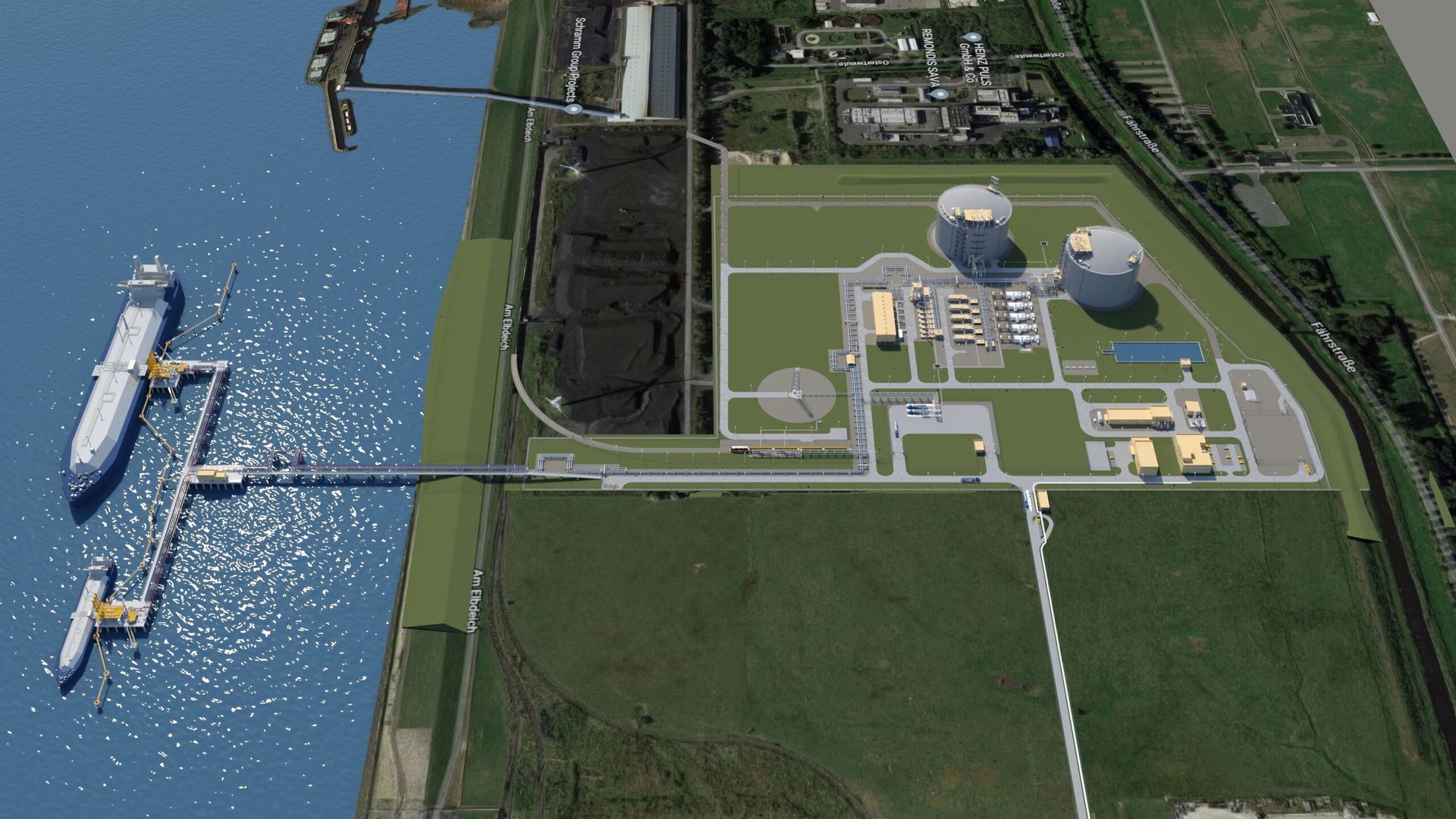 Illustration of the 8-billion cu m/year German LNG onshore terminal under development in Brunsb&uuml;ttel, Germany.