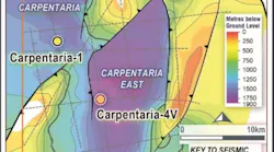 Map showing depth to base of Velkerri B shale across the Greater Carpentaria project area.