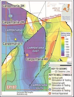 Map showing depth to base of Velkerri B shale across the Greater Carpentaria project area.